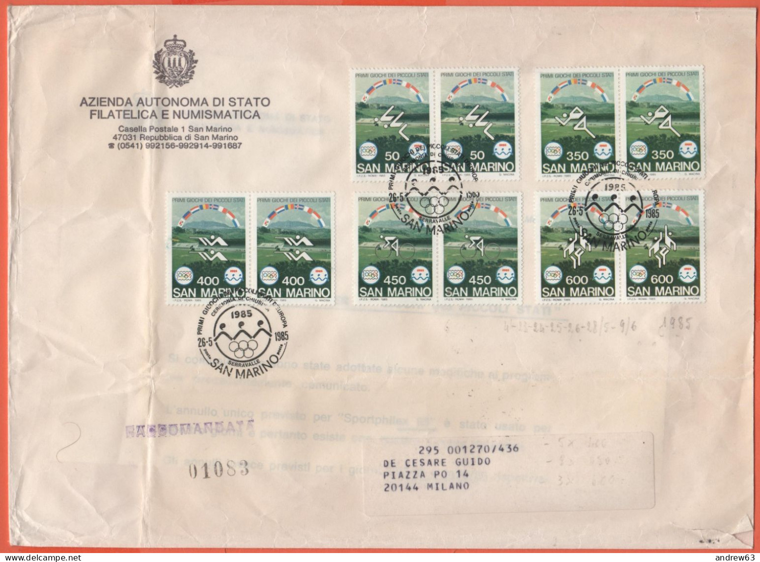 SAN MARINO - 1985 - 5 X Coppie Primi Giochi Sportivi Dei Piccoli Stati D'Europa + Annullo Cerimonia Di Chiusura 26/05/19 - Lettres & Documents