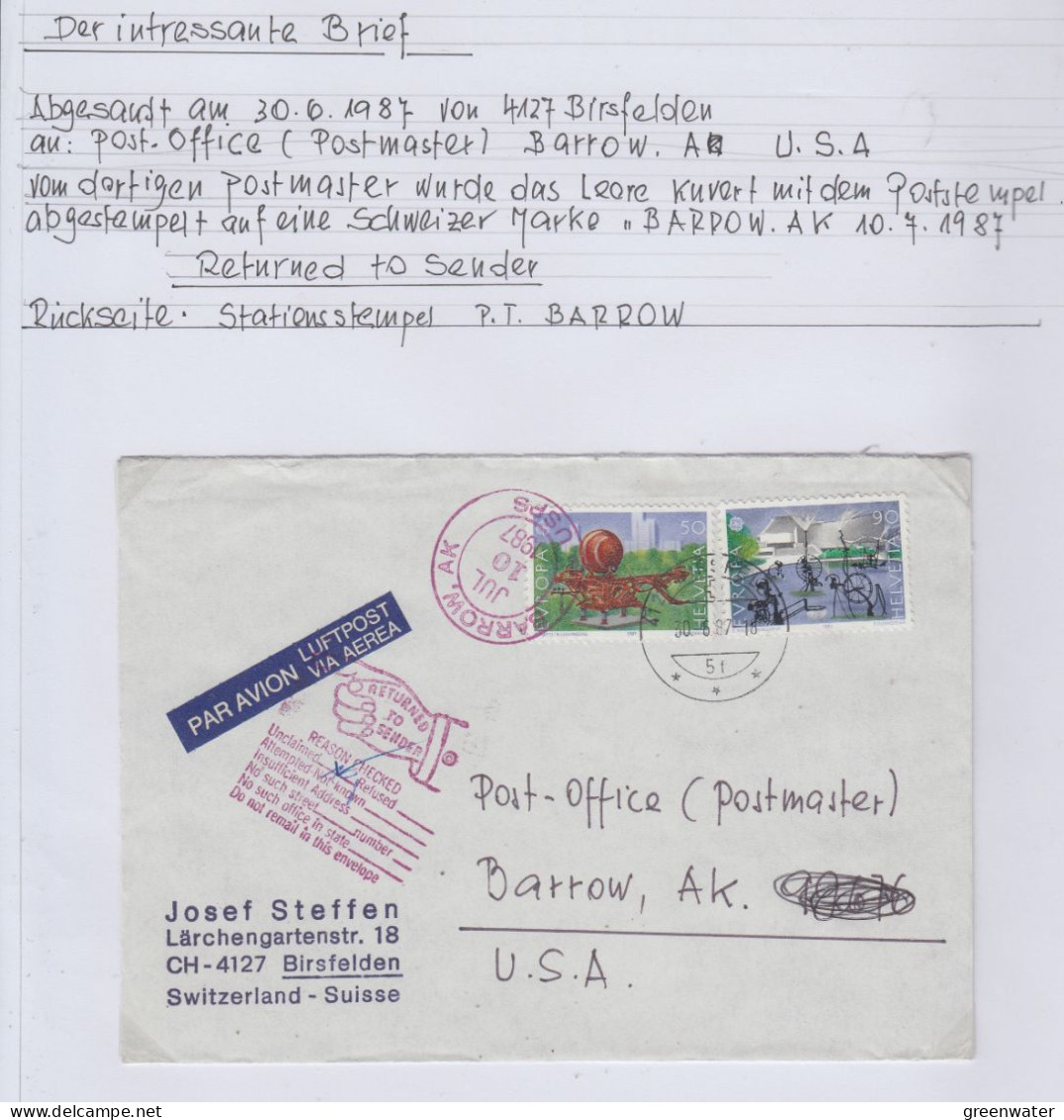 Switzerland Cover To Point Barrow  Alaska & Back Ca Birsfelden 30.6.1987 Ca Barrox JUL 10 1987 (BS159A) - Forschungsstationen & Arctic Driftstationen