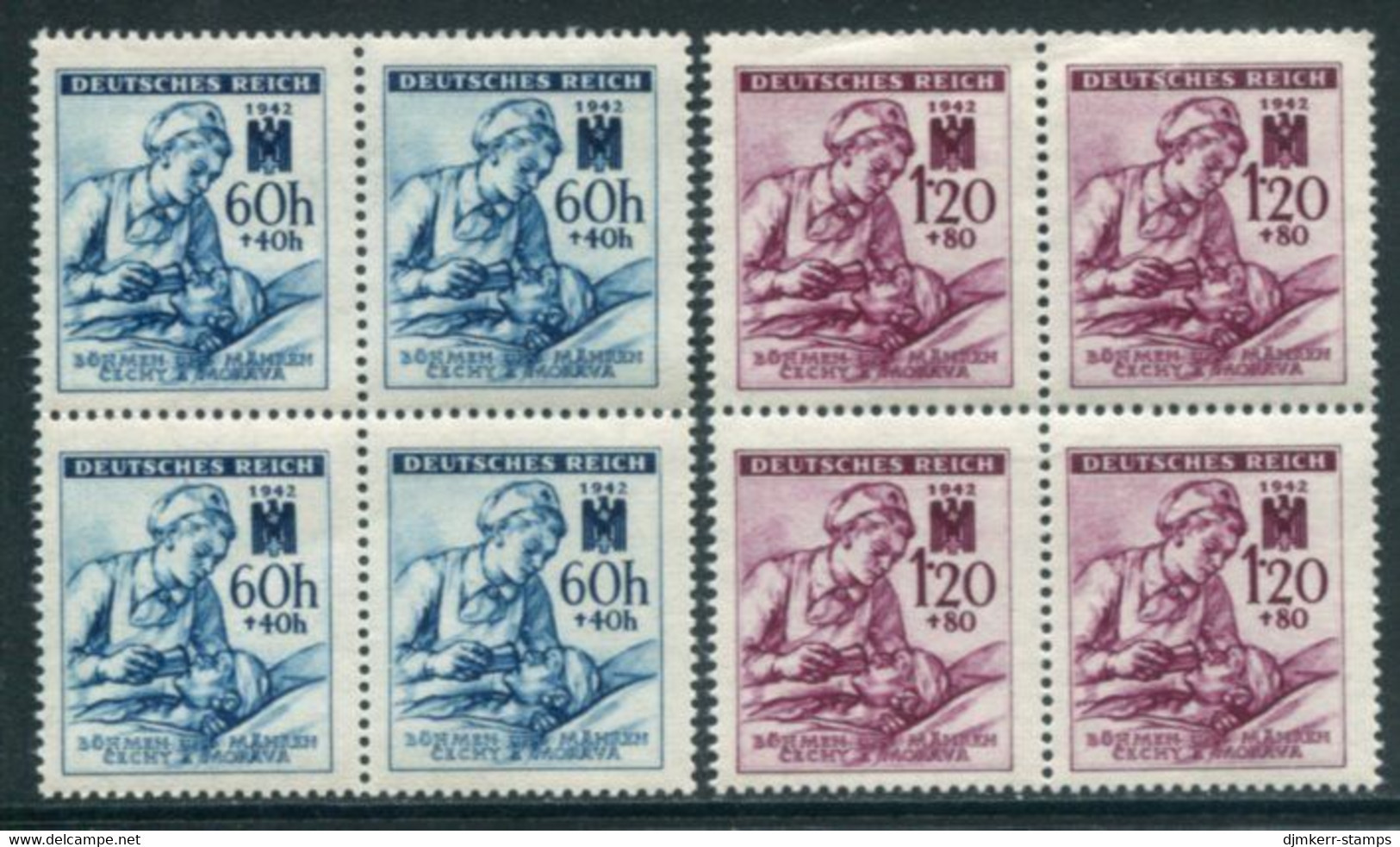 BOHEMIA & MORAVIA 1942 Red Cross Blocks Of 4 MNH / **.  Michel 111-12 - Unused Stamps