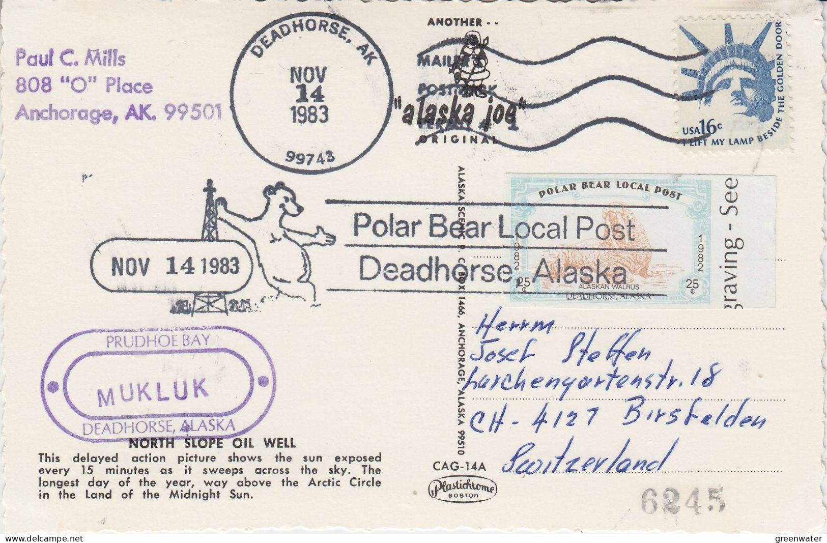 USA  Alaska Postcard "North Slope Oil Well" Polar Bear Local Post Deadhorse   Ca Deadhorse NOV 14 1983 (BS161) - Scientific Stations & Arctic Drifting Stations