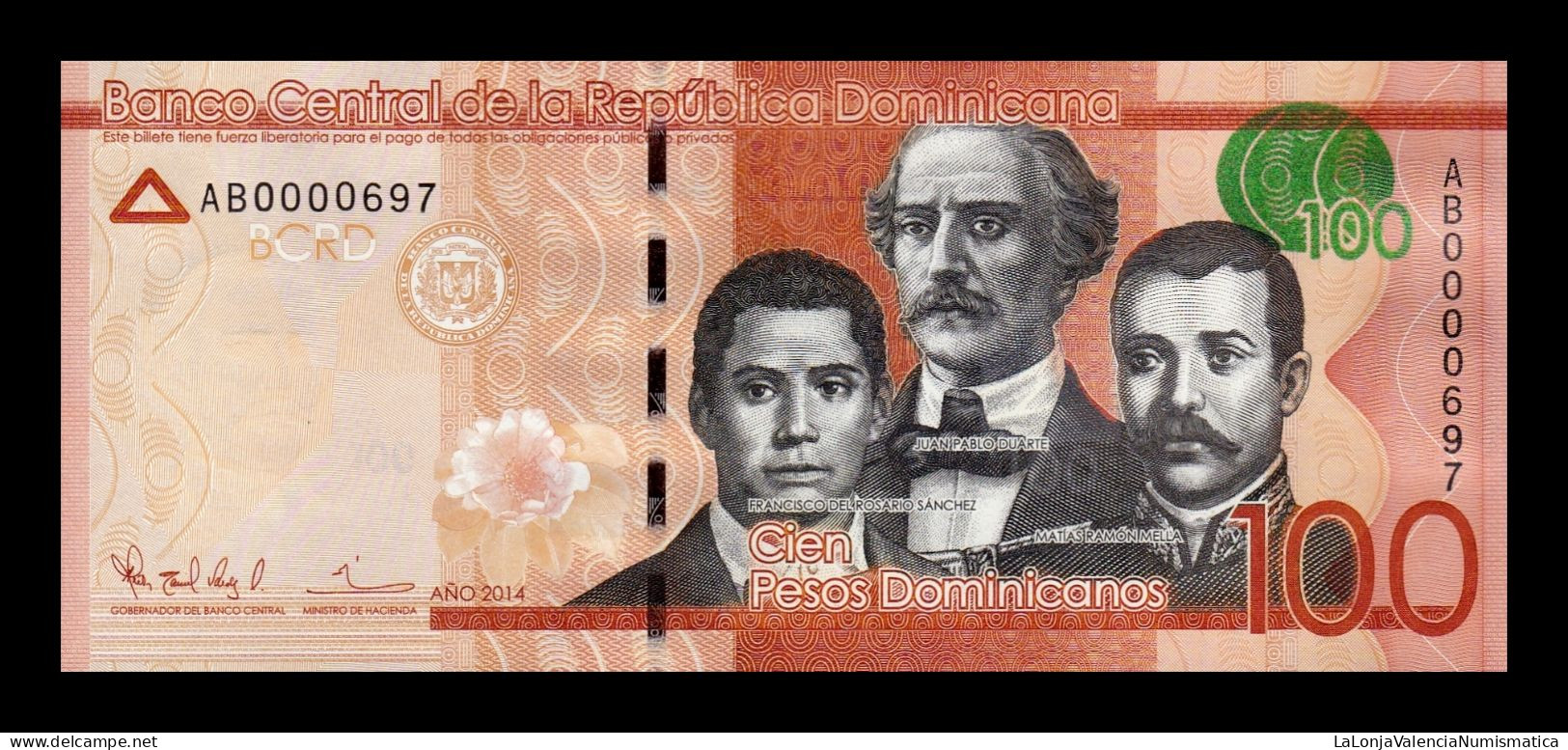 República Dominicana 100 Pesos Dominicanos 2014 Pick 190a Low Serial 697 Sc Unc - Dominicaine