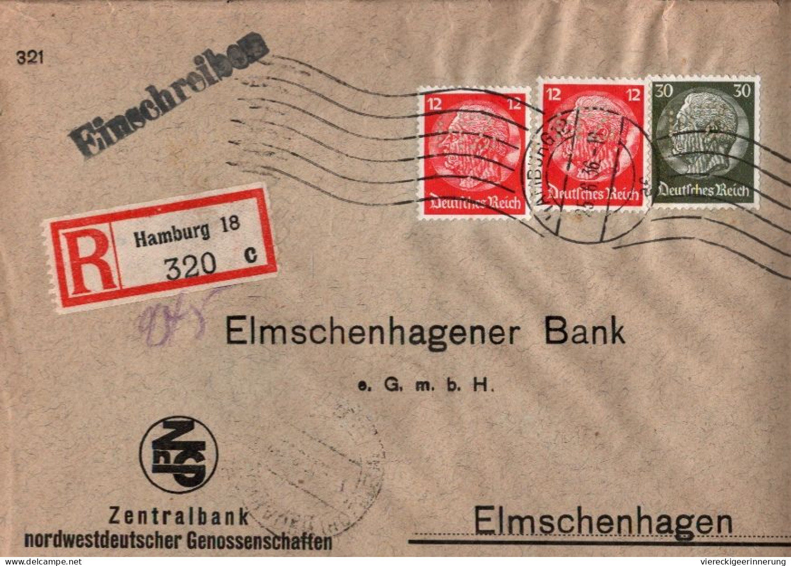 ! 1936 Einschreiben Aus Hamburg Nach Elmschenhagen, Bank, Lochungen, Perfins On Stamps - Brieven En Documenten
