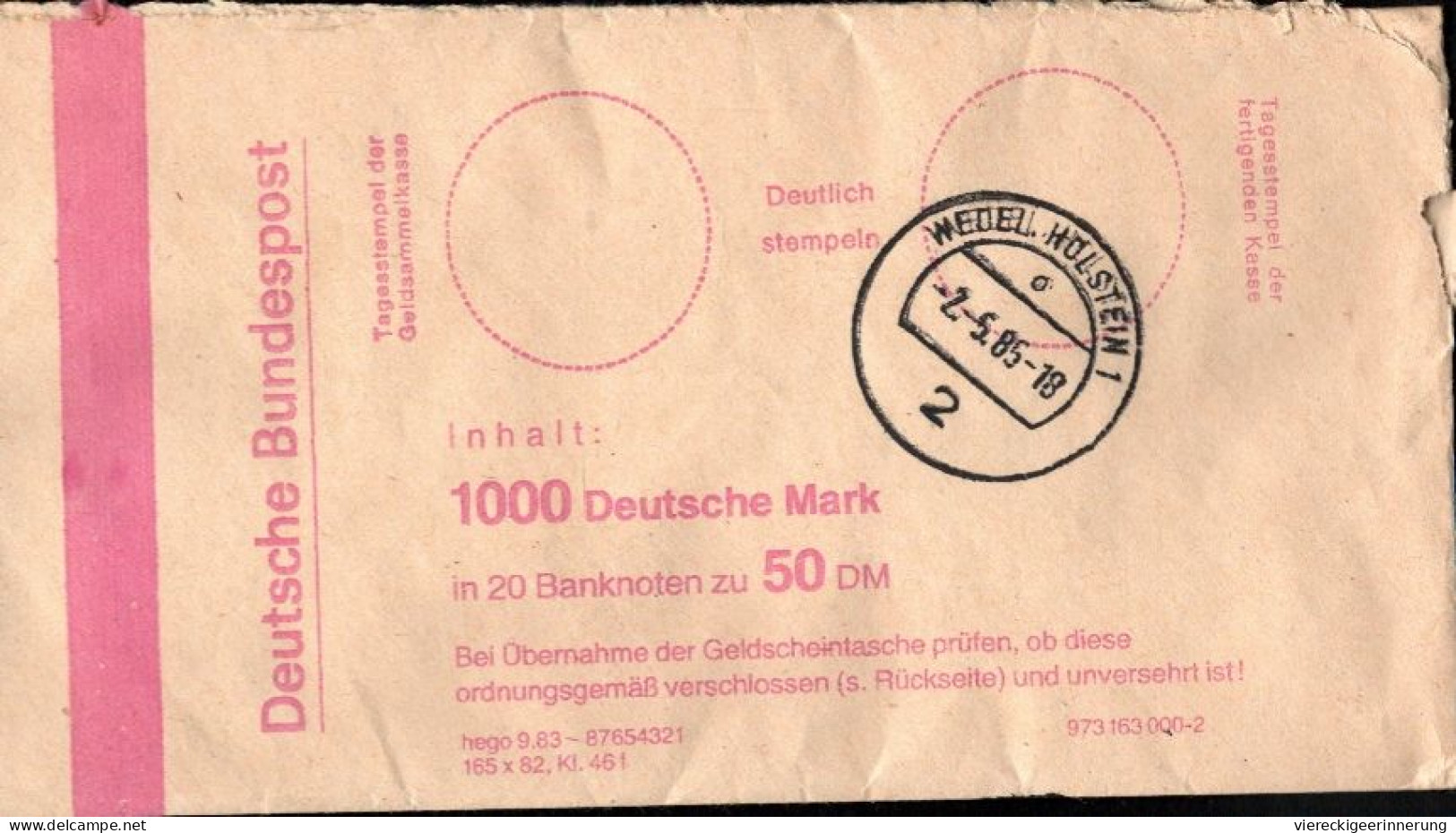 ! Bundespost 1000 DM, Geldscheintasche, 1985 Postintern Verwendet, Postamt Wedel Mit Siegel - Covers & Documents
