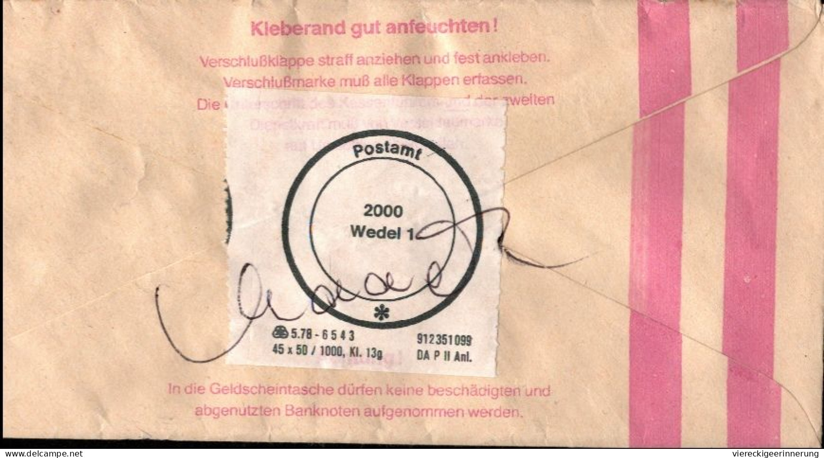 ! Bundespost 1000 DM, Geldscheintasche, 1985 Postintern Verwendet, Postamt Wedel Mit Siegel - Lettres & Documents