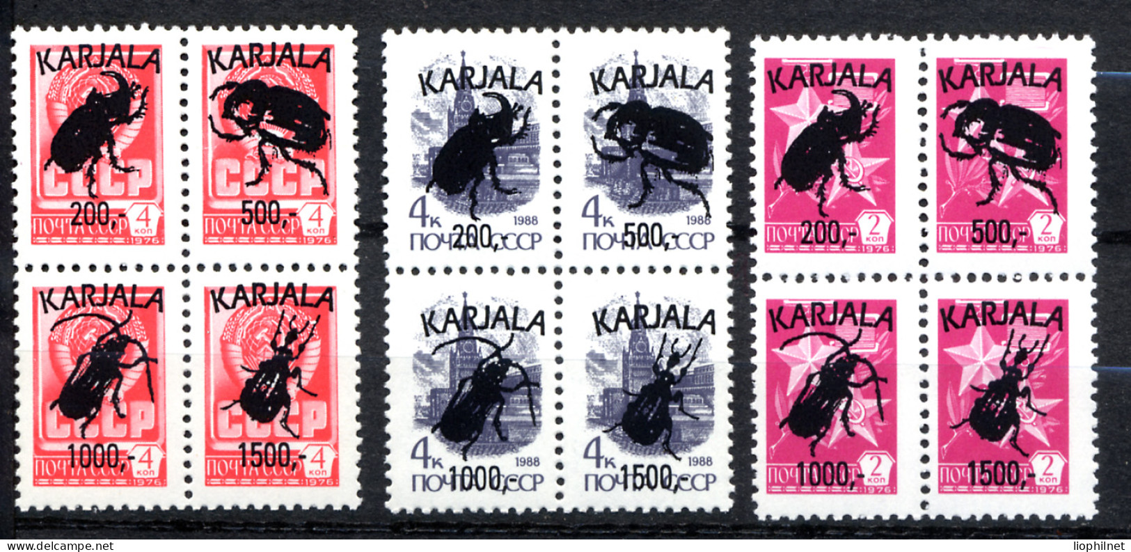 CARELIE, 3 Blocs De 4 Valeurs, Surcharge / Overprinted INSECTES Sur URSS / SU. R818 - Abarten & Kuriositäten