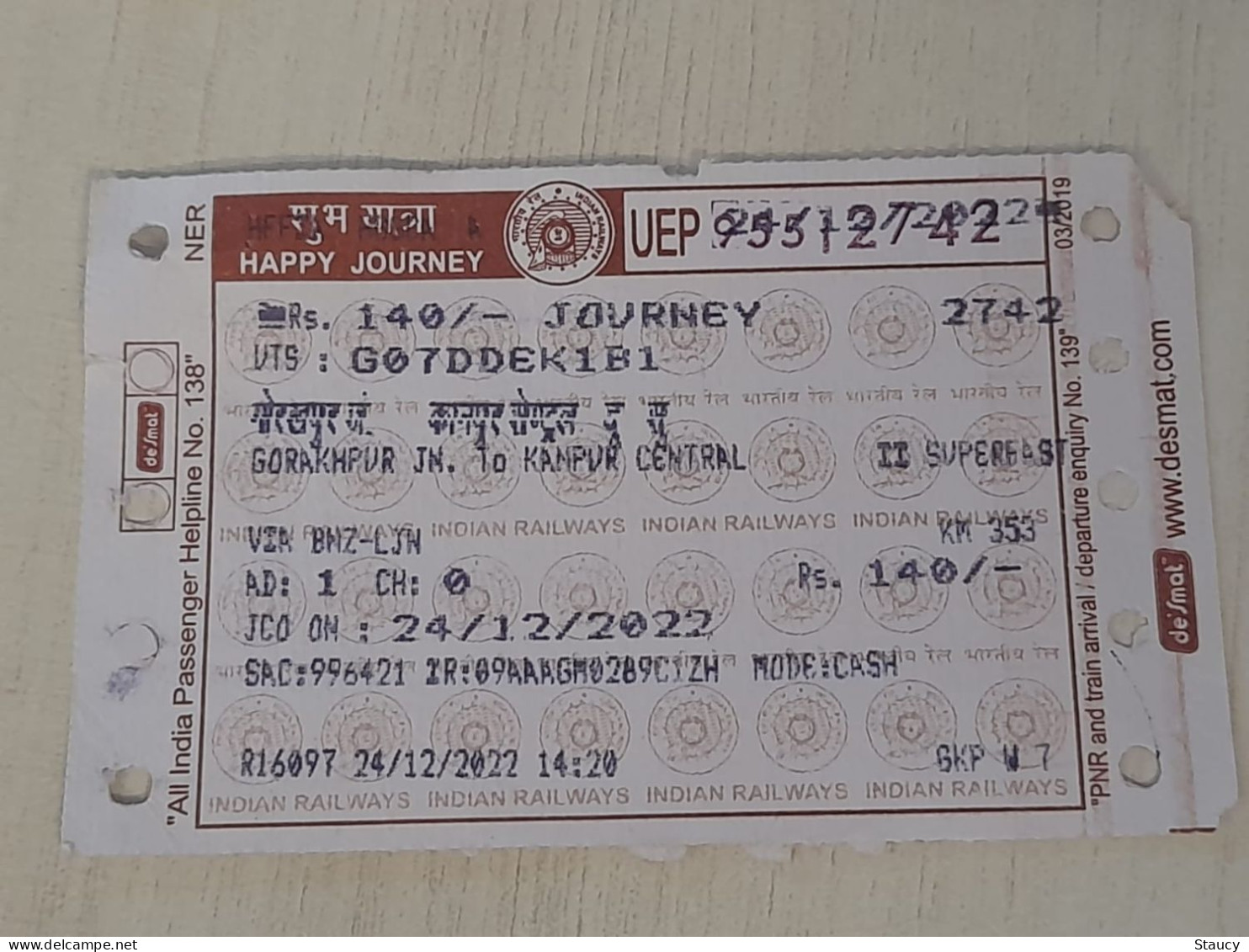 India Old / Vintage - Railway / Train Ticket With 150th. Birth Anniversary Of Mahatma Gandhi Slogan / Logo As Per Scan - Mundo