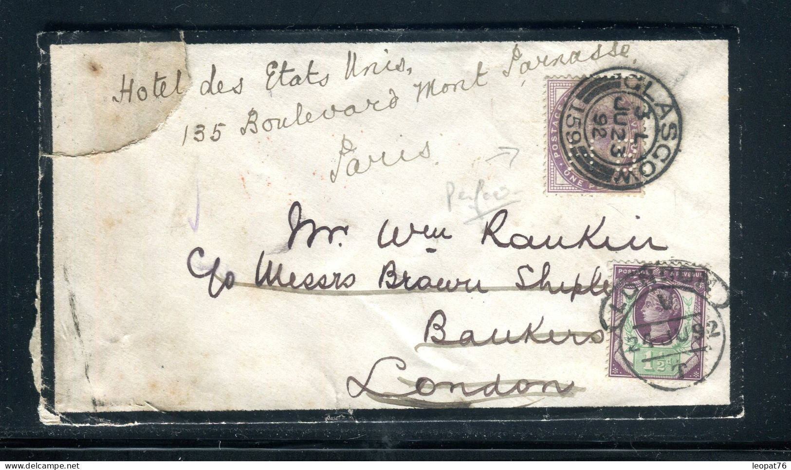 Grande Bretagne - Perforé Sur Enveloppe Commerciale De Glasgow Pour Londres Et Redirigé Vers Paris En 1892  - M 41 - Perforadas