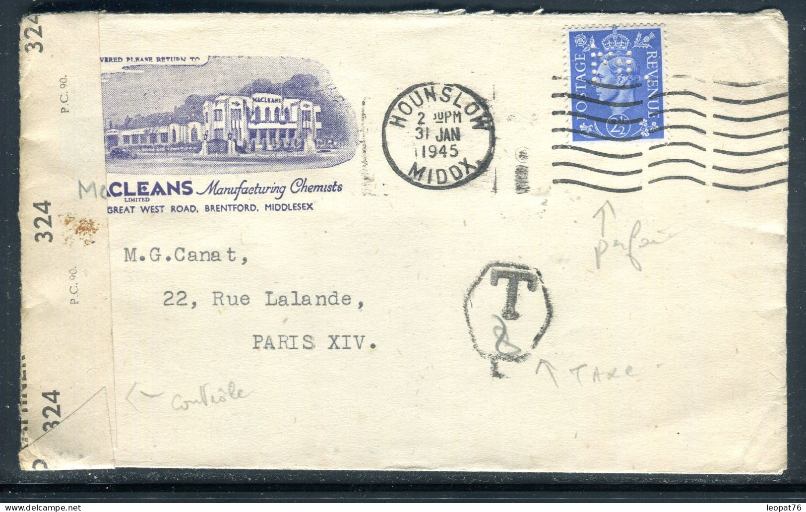 Grande Bretagne - Perforé Sur Enveloppe Commerciale De Houndlow Pour Paris En 1945 Avec Taxe Et Contrôle Postal - M 44 - Perfin