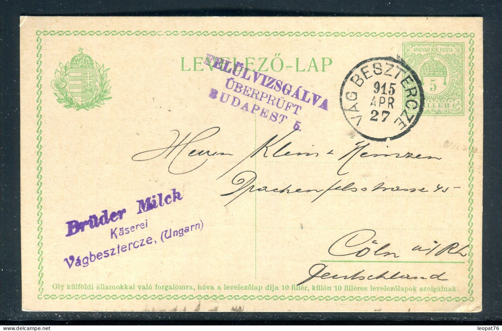 Hongrie - Entier Postal De Vagbesztercze Pour L'Allemagne En 1915  - M 50 - Postal Stationery