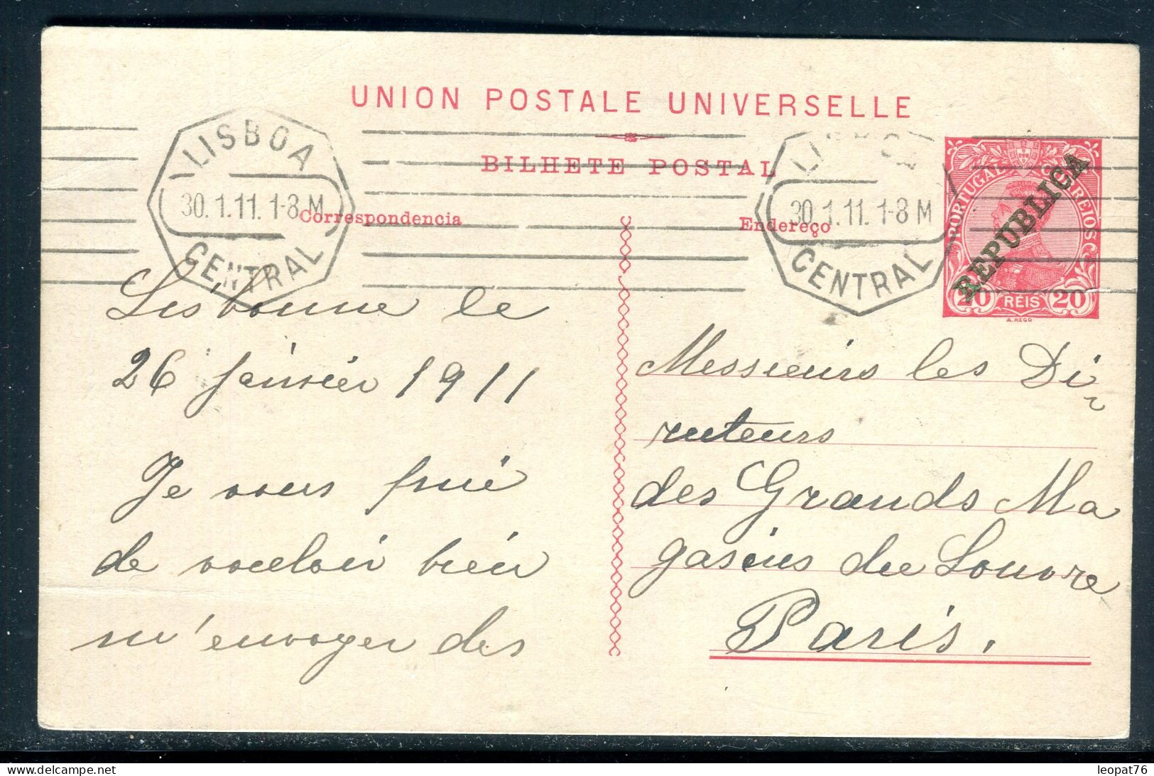 Portugal - Entier Postal Surchargé De Lisbonne Pour Paris En 1911 - M 56 - Entiers Postaux