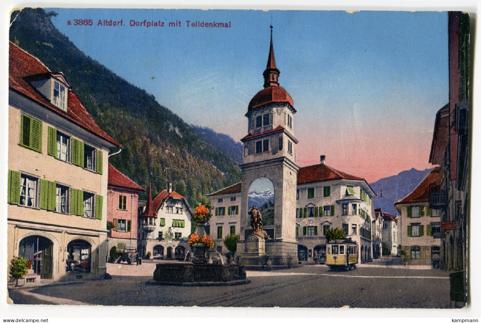 Tram/Straßenbahn Altdorf (CH),Dorfplatz Mit Telldenkmal,  Gelaufen - Strassenbahnen