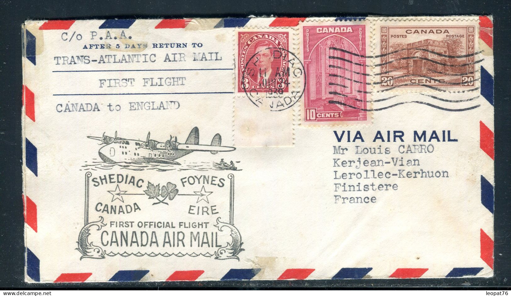 Canada - Enveloppe De Shediac Pour La France En 1939 Par 1er Vol Canada/Irlande - M 61 - Cartas & Documentos
