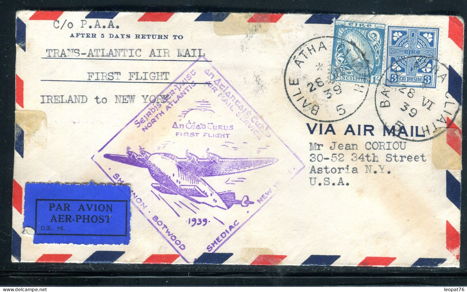 Irlande - Enveloppe De Baile Atha Cliath Pour Les USA En 1939 Par 1er Vol Irlande/USA - M 63 - Covers & Documents
