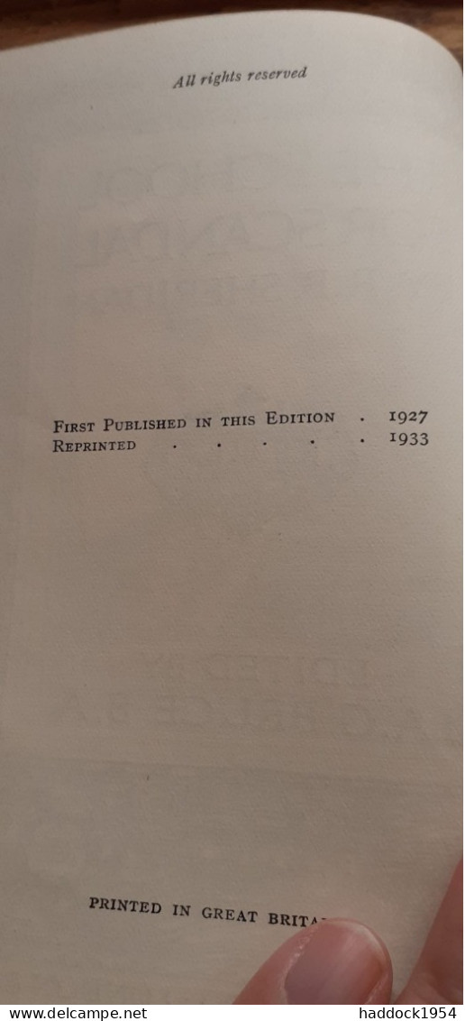 The School For Scandal R.B. SHERIDAN Dent Et Sons 1933 - Andere & Zonder Classificatie