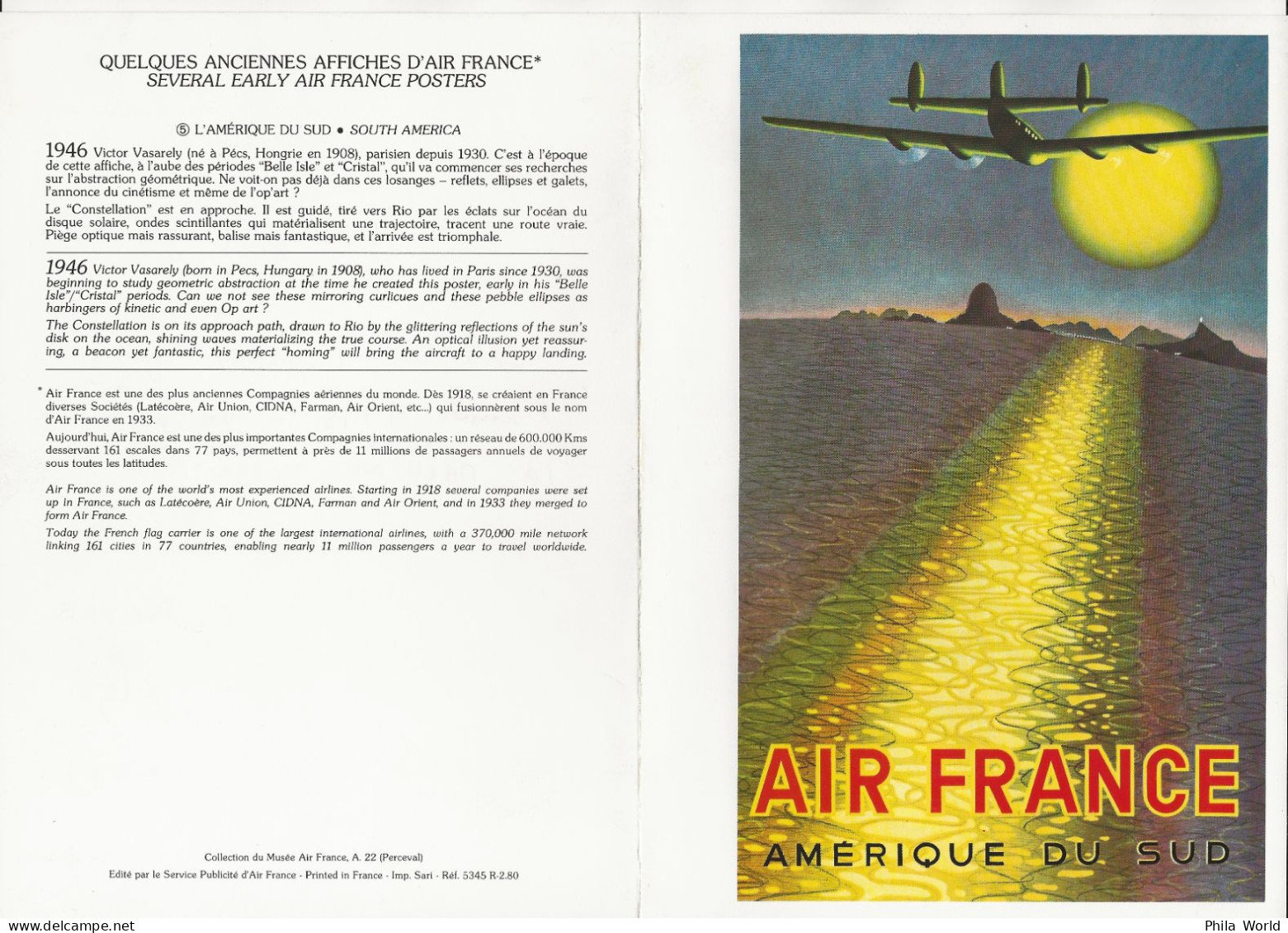 Collection Musée AIR FRANCE Ancienne Affiche A22 Perceval AMERIQUE DU SUD SOUTH AMERICA Par VASARELY 1946 - Aviazione