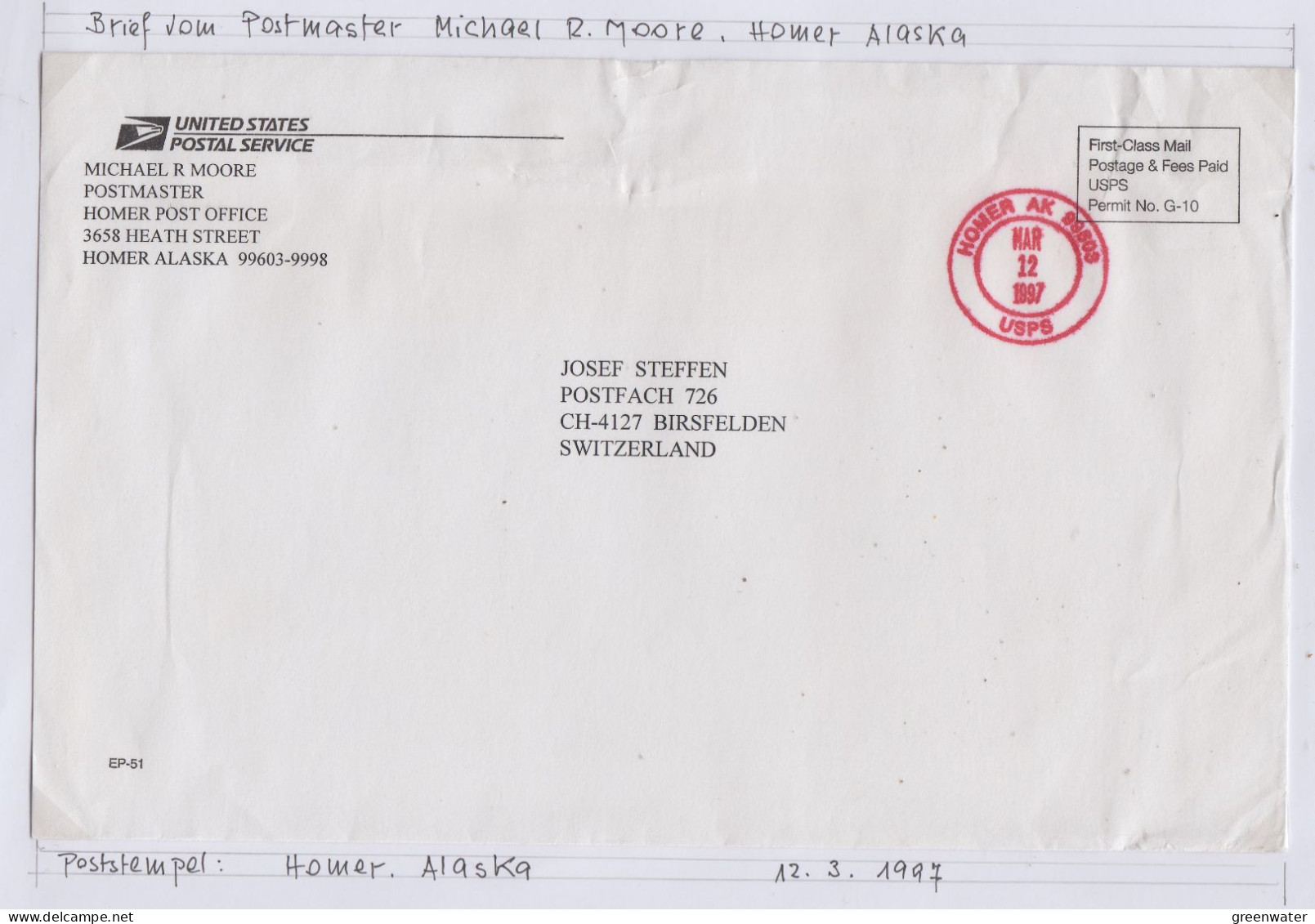 USA  Alaska Cover "Postmaster Homer"  Ca Homer MAR 12 1997 (BS166B) - Stations Scientifiques & Stations Dérivantes Arctiques