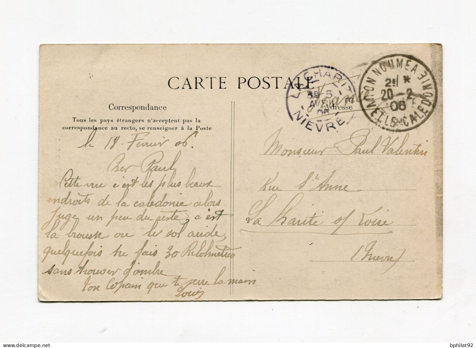 !!! NVELLE CALEDONIE, CPA DE NOUMEA, DANS LA BROUSSE, POUR LA FRANCE CACHET DE NOUMEA DE 1906 - Briefe U. Dokumente