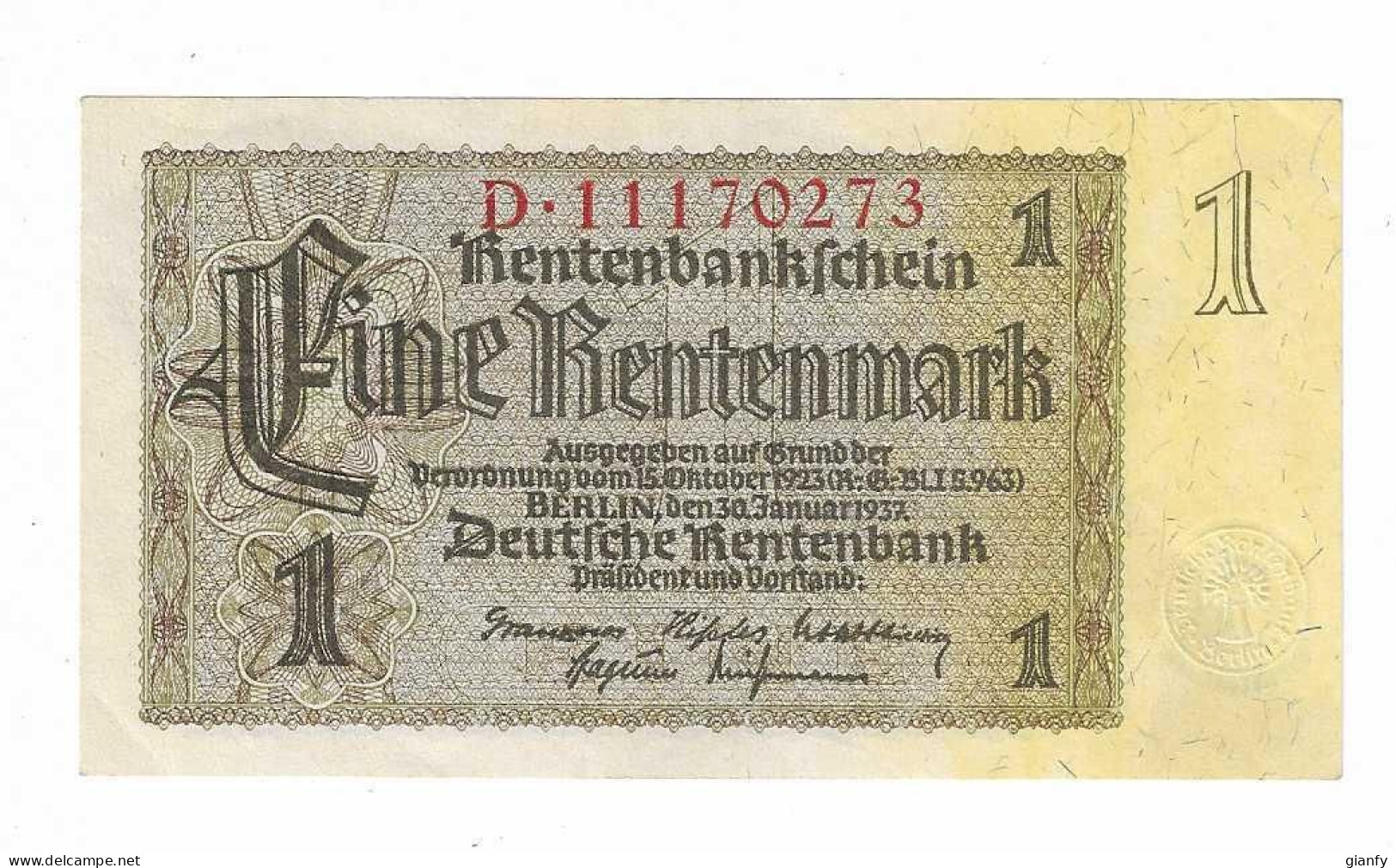GERMANIA 1 RENTENMARK 1937 - Sonstige & Ohne Zuordnung