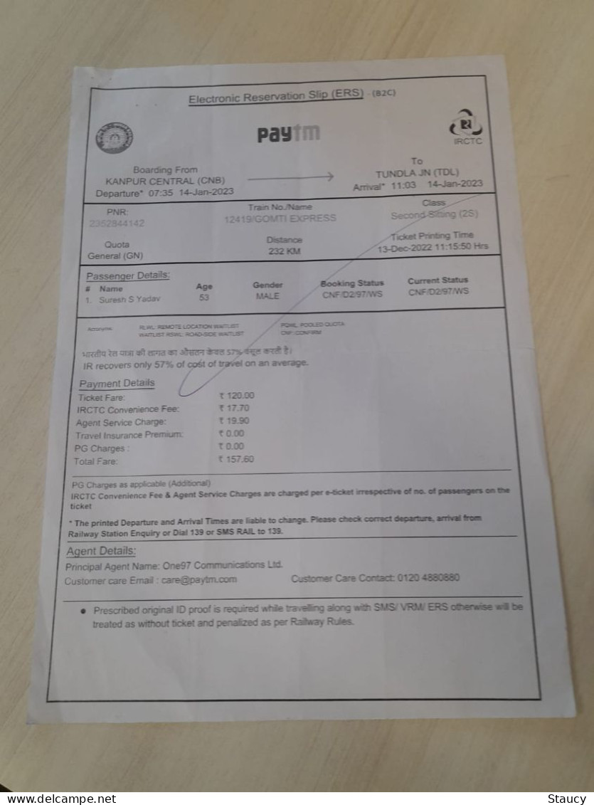 India Old / Vintage - Railway / Train Ticket With INDIAN RAILWAYS + PAYTM + IRCTC LOGOS As Per Scan - Welt