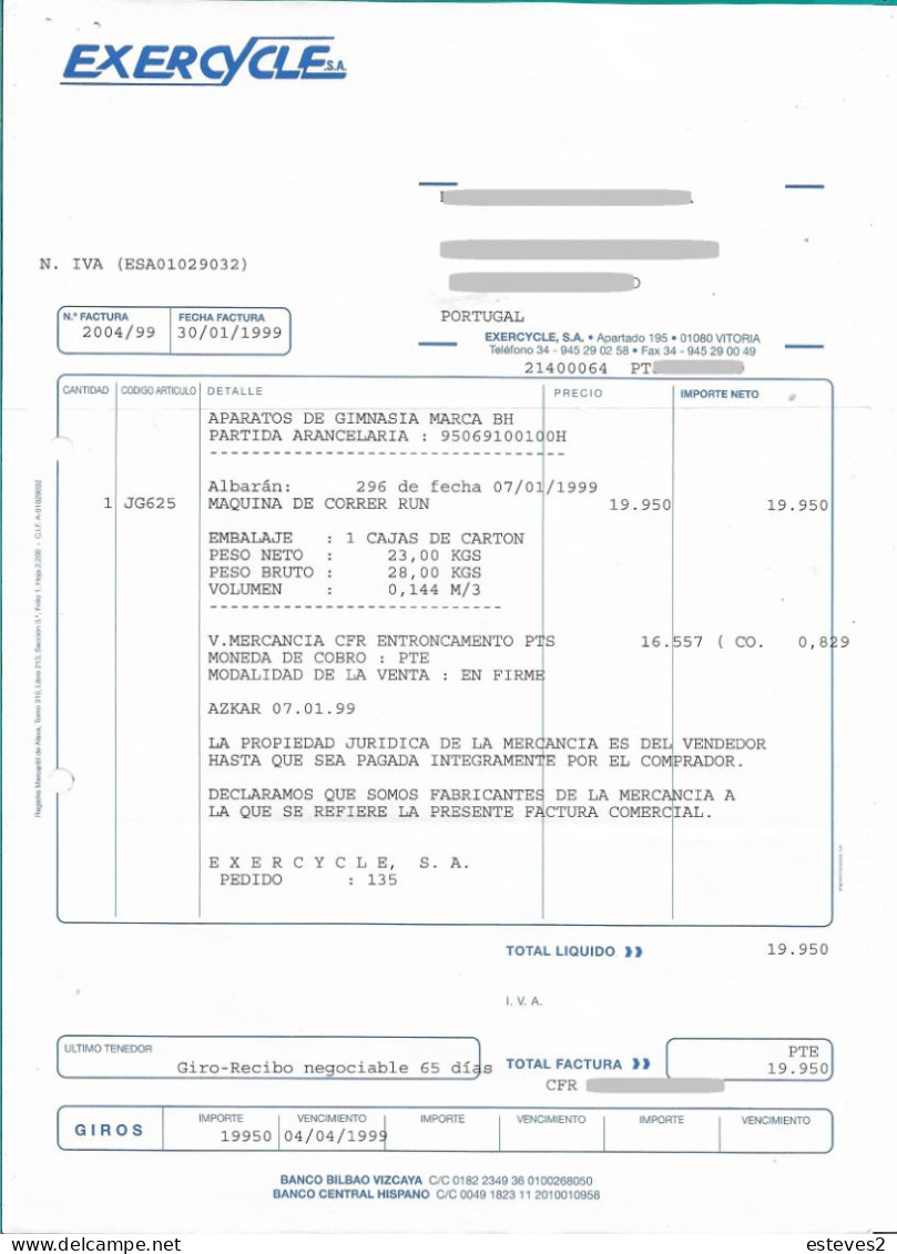 Spain, 1999 ,  EXERCYCLE  , Vitoria ,  Bykes , Bicycle , Invoice - Spain