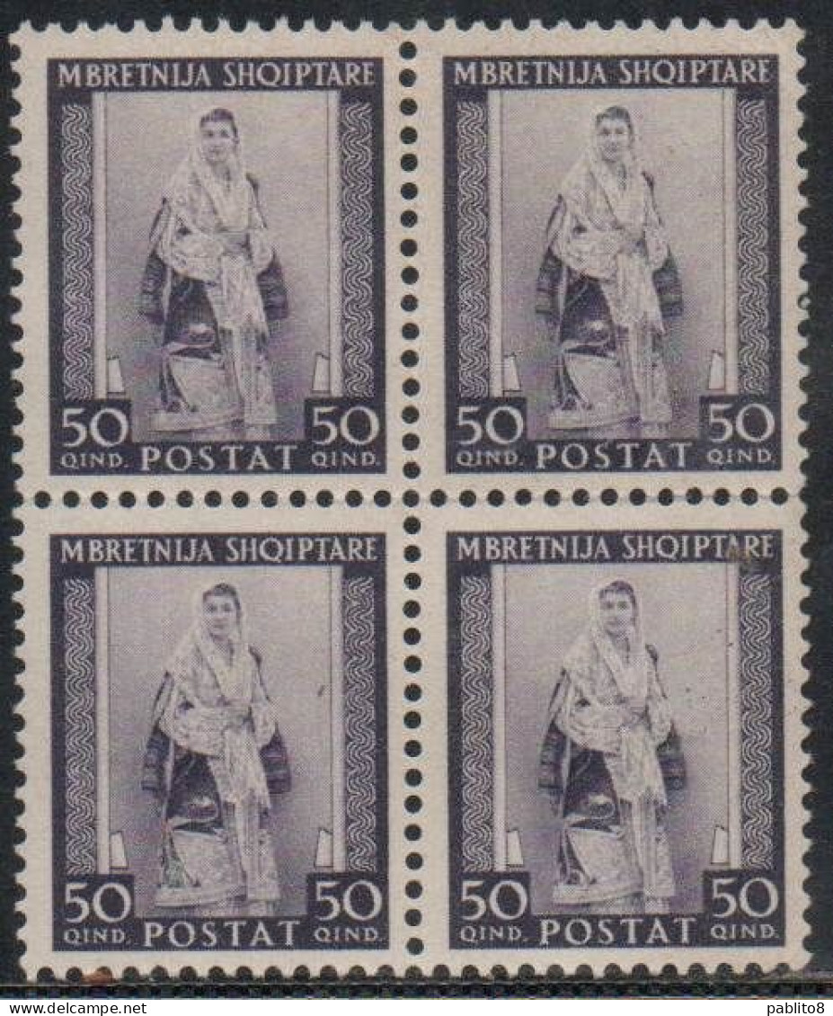 ALBANIA OCCUPAZIONE ITALIANA ITALIAN OCCUPATION 1939 - 1940 SERIE ORDINARIA COSTUME FEMMINILE DEL NORD 50q MNH QUARTINA - Albania