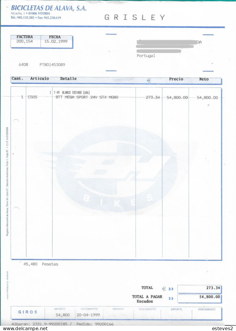 Spain, 1999 ,  BICICLETAS DE ALAVA  , GRISLEY ,  Vitoria ,  Bykes , Bicycle , Invoice - Espagne