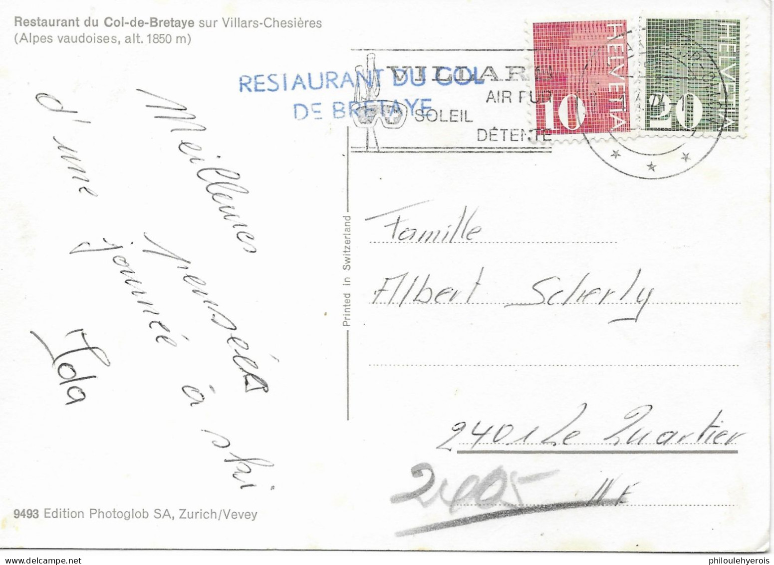 CPA SUISSE VILLARS SUR OLLON ( CHESIERES ) Restaurant Du Col De Bretaye + Cachet De Resto. En 1974 Beaux Timbres - Ollon