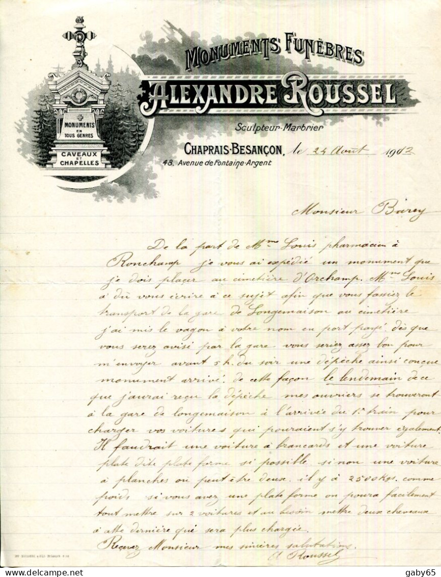 FACTURE.25.DOUBS.CHAPRAIS-BESANÇON.MONUMENTS FUNEBRES.ALEXANDRE ROUSSEL SCULPTEUR-MARBRIER 48 AV.DE FONTAINE ARGENT. - Petits Métiers