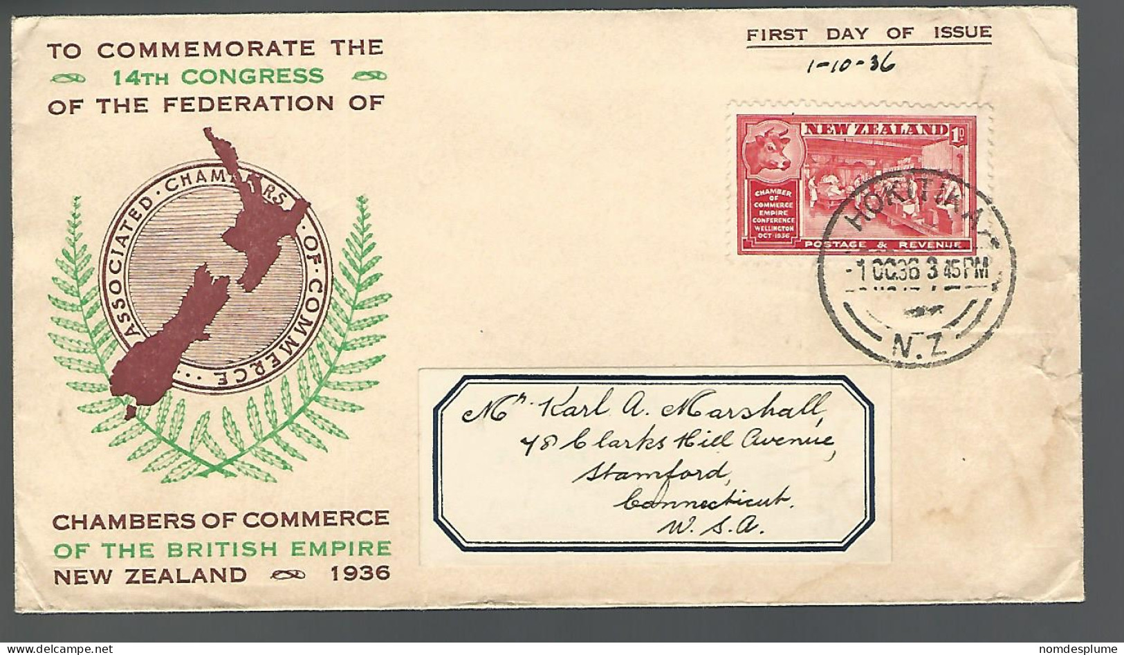 58425`) New Zealand First Day Cover Hokitika Postmark Cancel 1936 - Brieven En Documenten