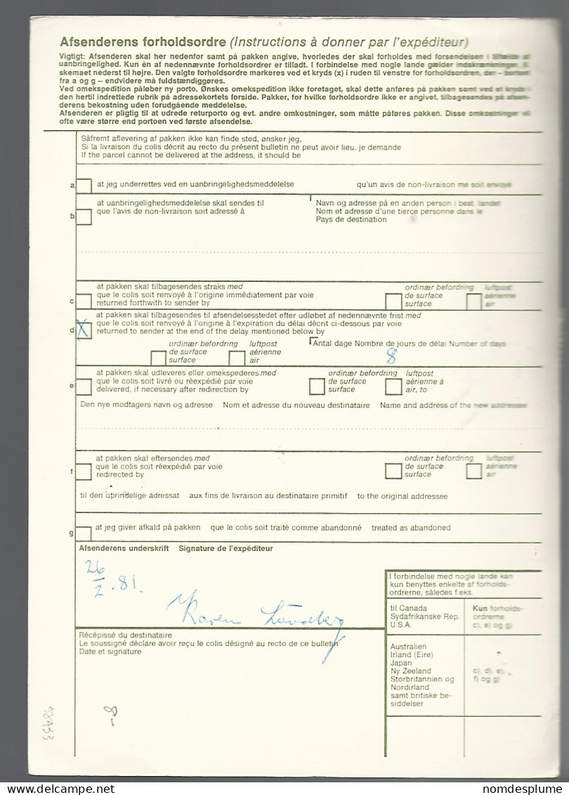 58433) Denmark Addressekort Bulletin D'Expedition 1981 Postmark Cancel - Covers & Documents