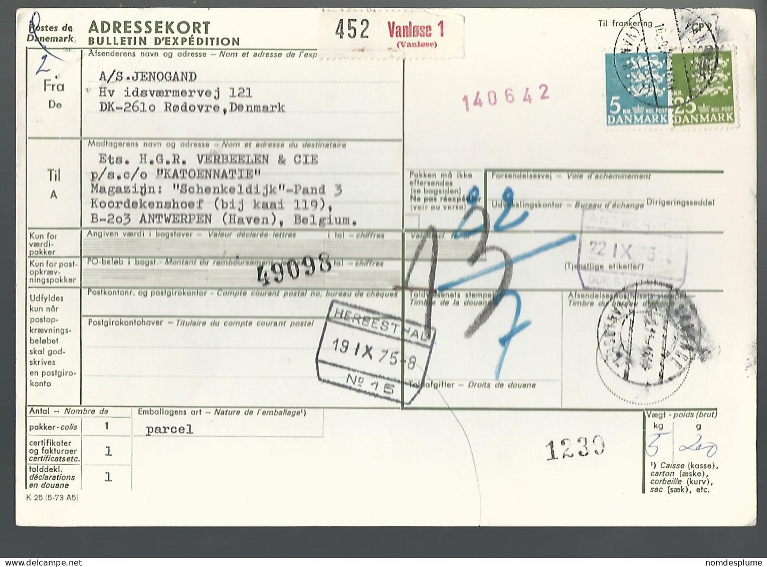 58438) Denmark Addressekort Bulletin D'Expedition 1975 Postmark Cancel - Cartas & Documentos