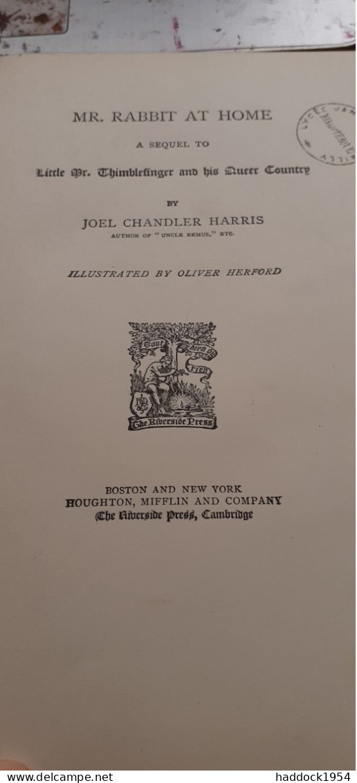 Mr RABBIT At Home JOEL CHANDLER HARRIS Houghton Mifflin And Company 1895 - Andere & Zonder Classificatie