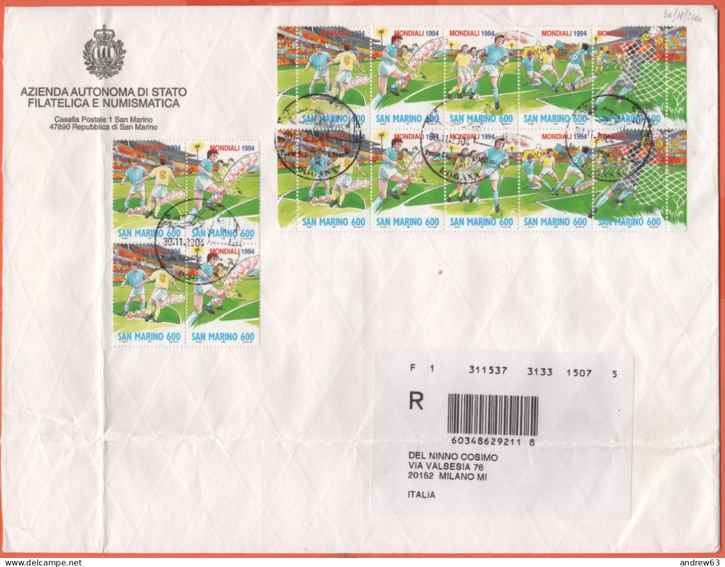 SAN MARINO - 2004 - Blocco Da 4 + 2 Serie Di Campionati Mondiali Di Calcio USA 94 - Raccomandata - Viaggiata Da San Mari - Lettres & Documents