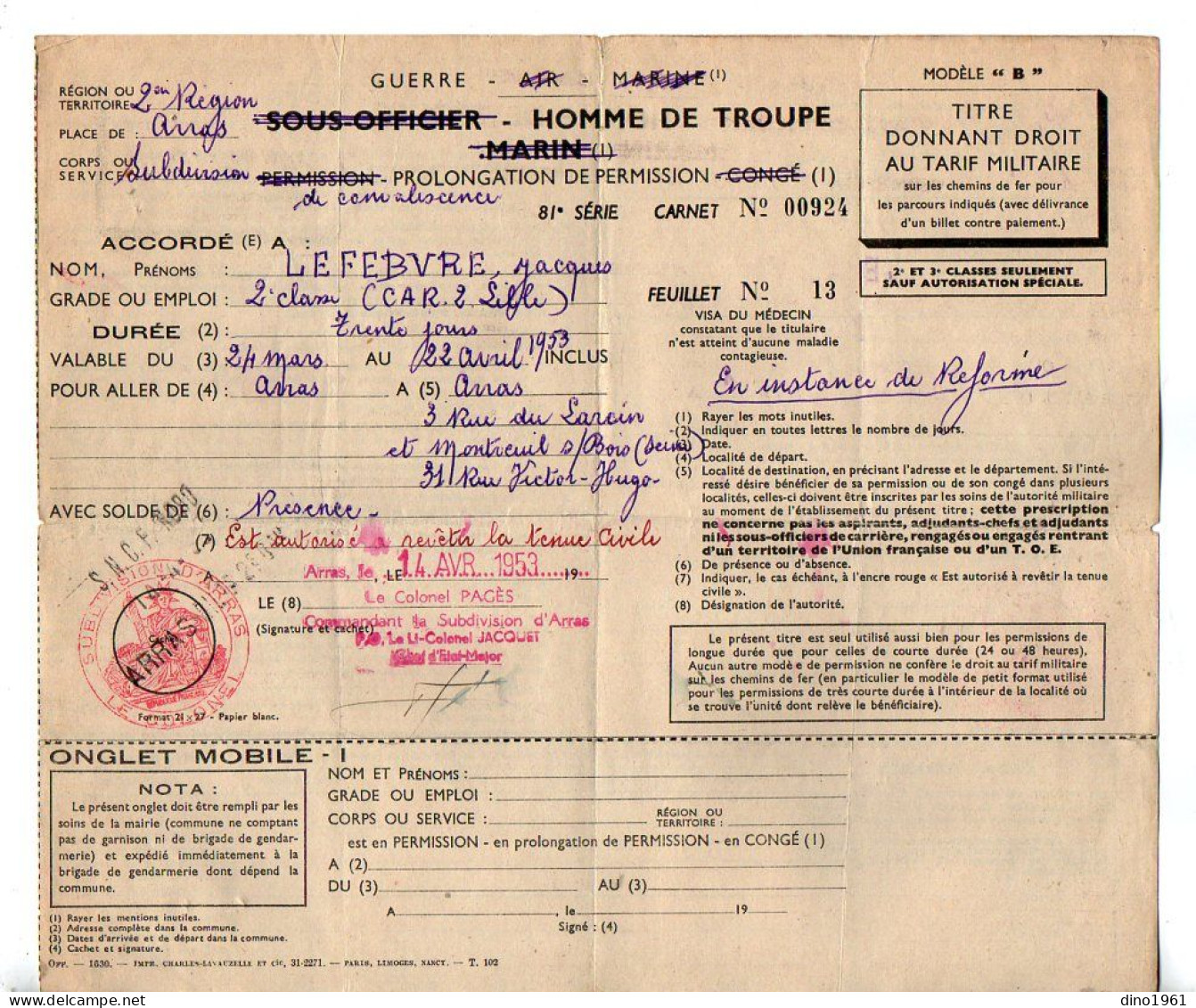VP22.045 - 1953 - Militaria - Prolongation De Permission Pour Aller D'ARRAS à MONTREUIL - SOUS - BOIS Avec La S.N.C.F. - Documenti