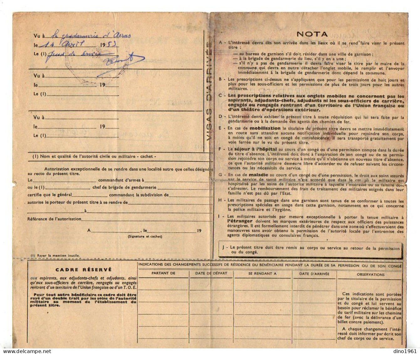 VP22.045 - 1953 - Militaria - Prolongation De Permission Pour Aller D'ARRAS à MONTREUIL - SOUS - BOIS Avec La S.N.C.F. - Documents