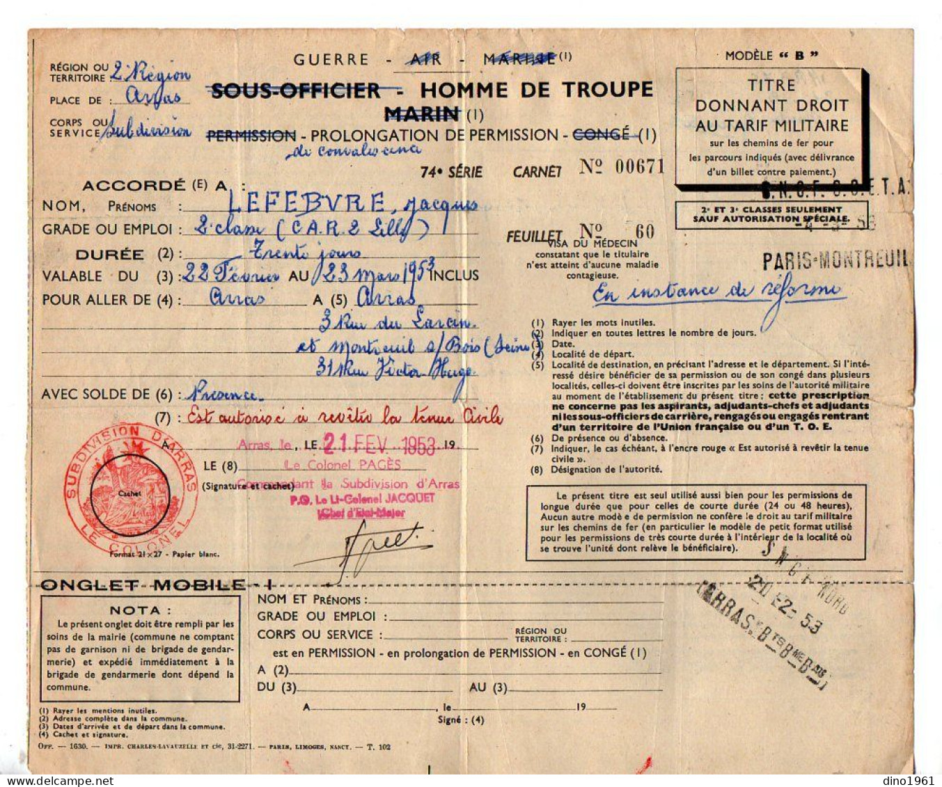 VP22.046 - 1953 - Militaria - Prolongation De Permission Pour Aller D'ARRAS à MONTREUIL - SOUS - BOIS Avec La S.N.C.F. - Dokumente