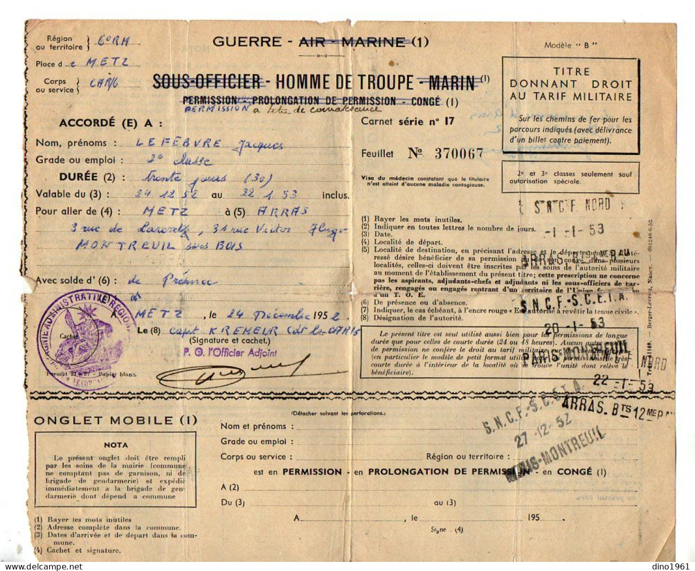 VP22.047 - 1952 - Militaria - Permission.... Pour Aller De METZ à ARRAS Et à MONTREUIL SOUS BOIS Avec La S.N.C.F. - Documents