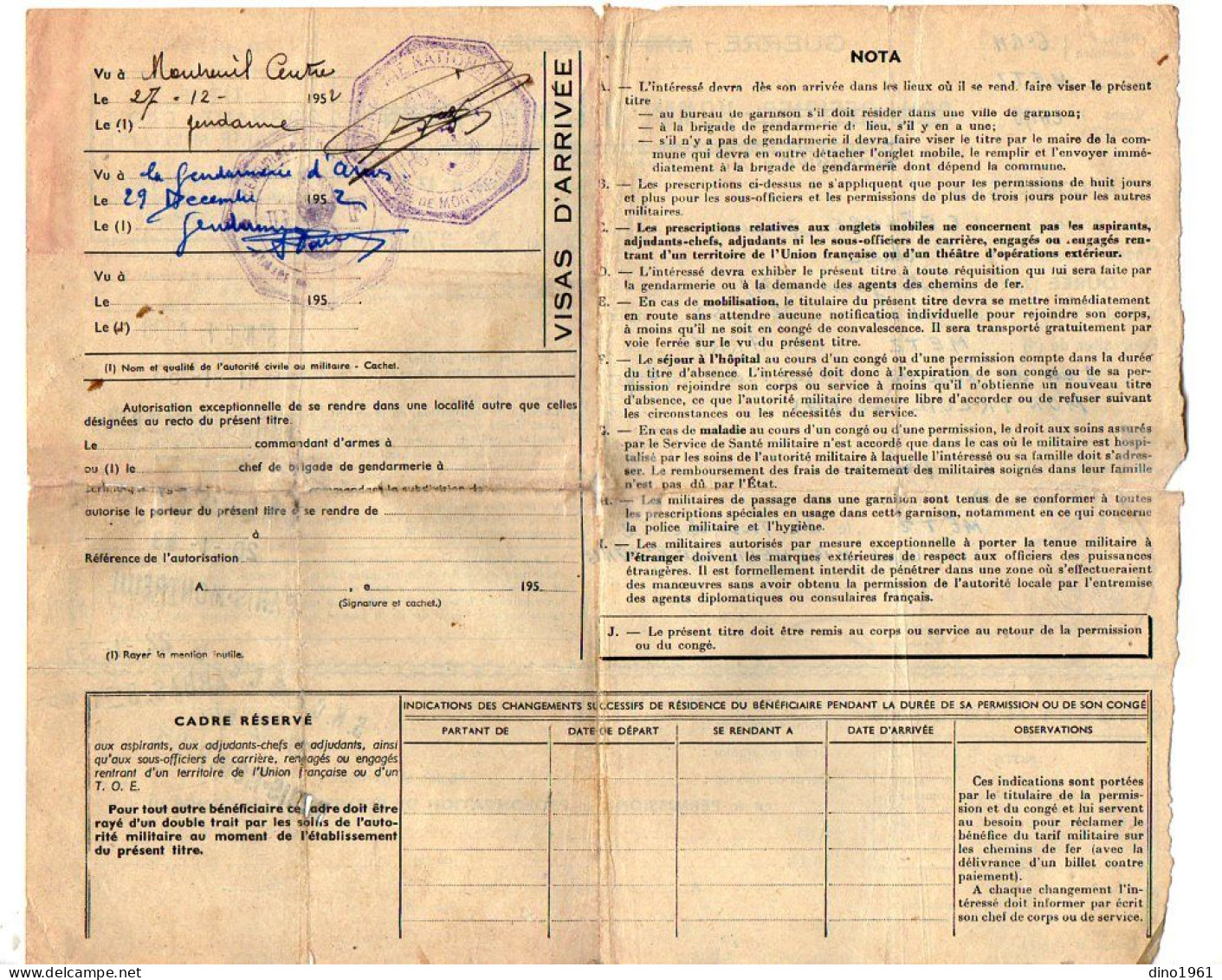 VP22.047 - 1952 - Militaria - Permission.... Pour Aller De METZ à ARRAS Et à MONTREUIL SOUS BOIS Avec La S.N.C.F. - Documentos