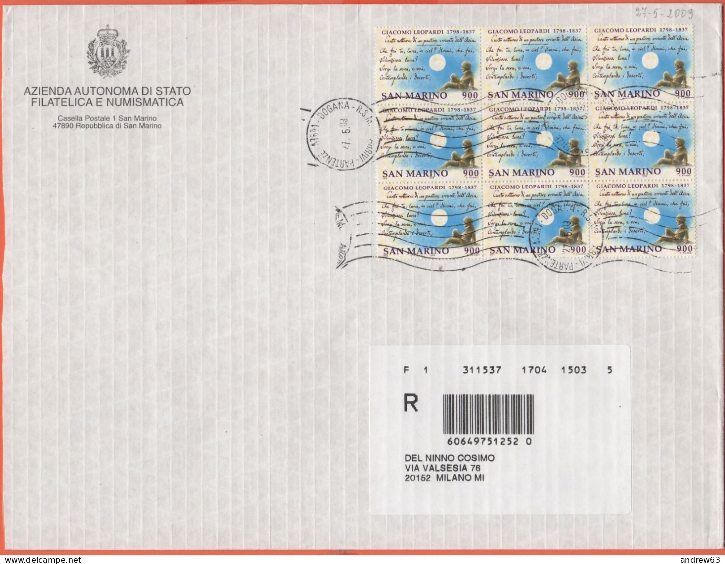 SAN MARINO - 2009 - Blocco Da 9 X Bicentenario Della Nascita Di Giacomo Leopardi - Raccomandata - Viaggiata Da San Marin - Storia Postale