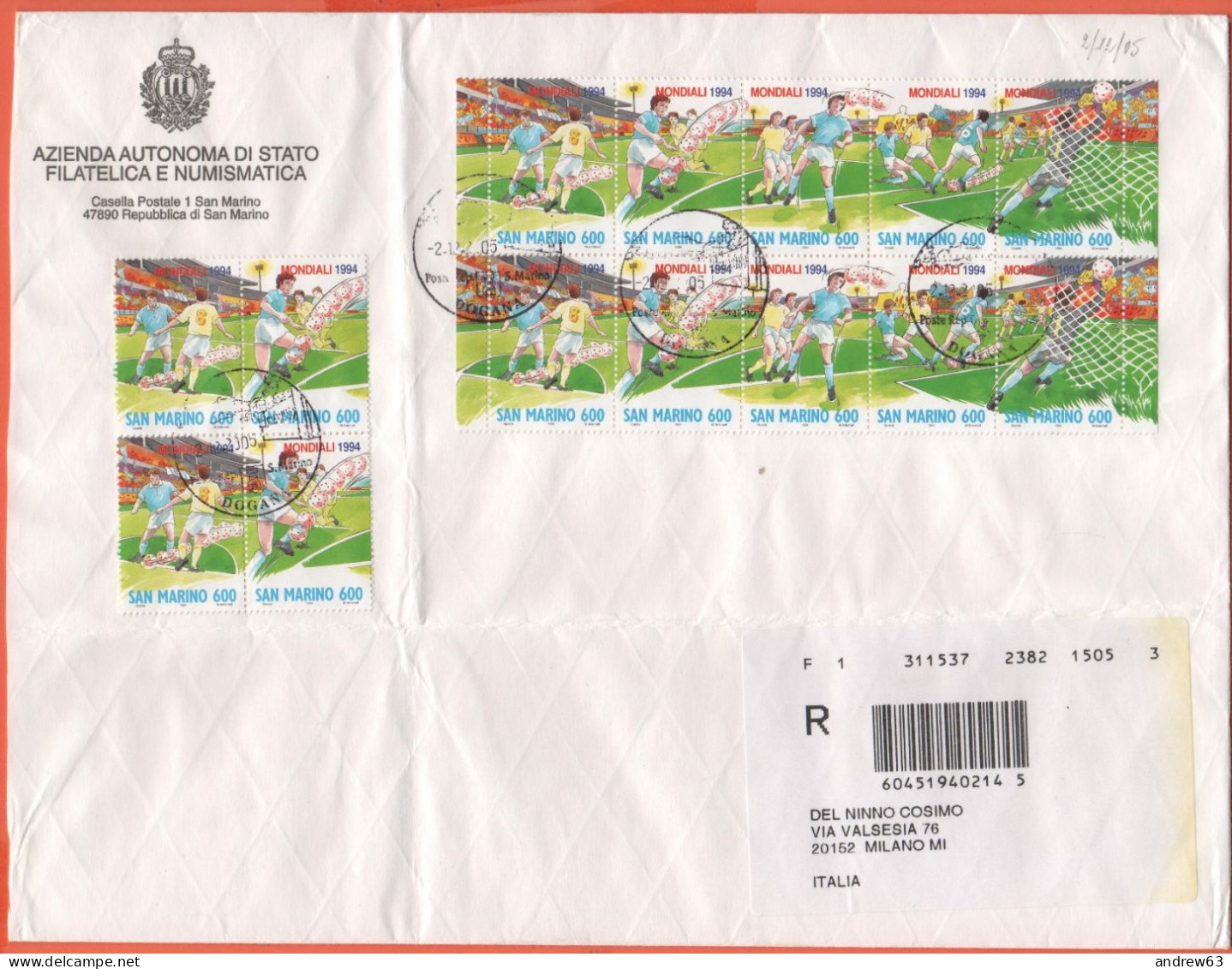 SAN MARINO - 2005 - Blocco Da 4 + 2 Serie Di Campionati Mondiali Di Calcio USA 94 - Raccomandata - Viaggiata Da San Mari - Lettres & Documents