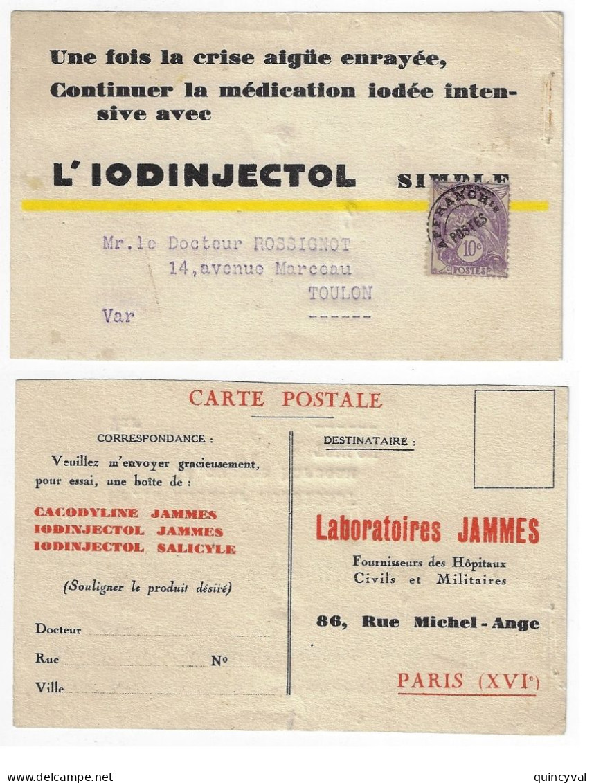 Carte Postale Publicitaire Médicament L'IODINJECOL Laboratoires JAMMES 10c Blanc Violet Préoblitéré Yv P 43 - 1893-1947