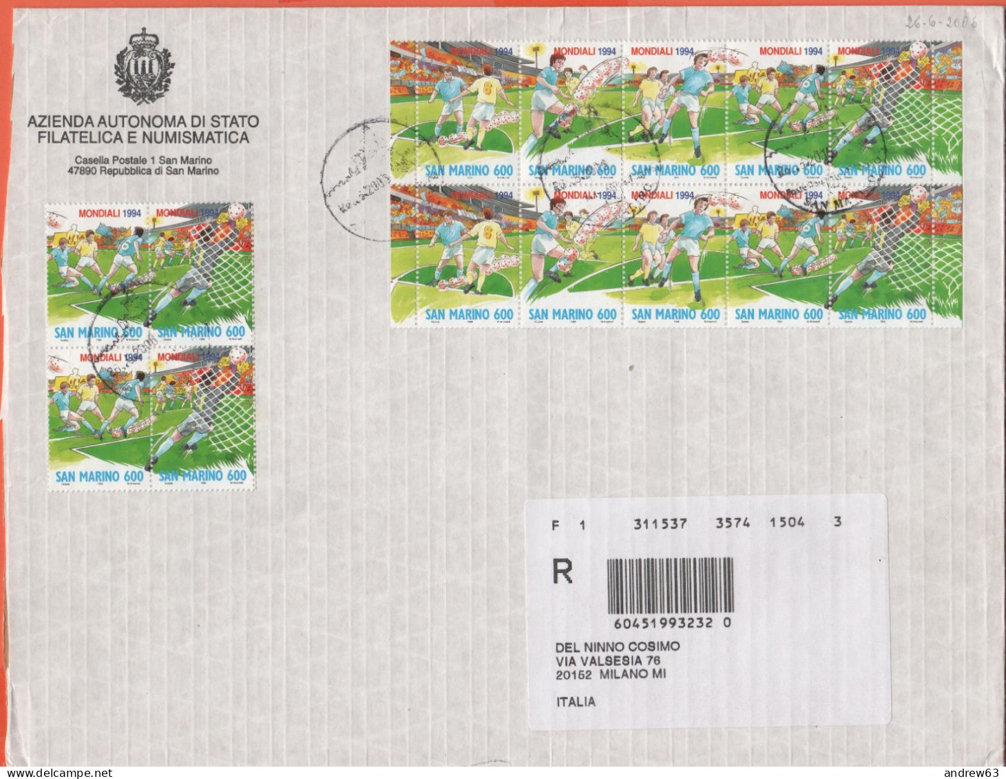 SAN MARINO - 2006 - Blocco Da 4 + 2 Serie Di Campionati Mondiali Di Calcio USA 94 - Raccomandata - Viaggiata Da San Mari - Lettres & Documents