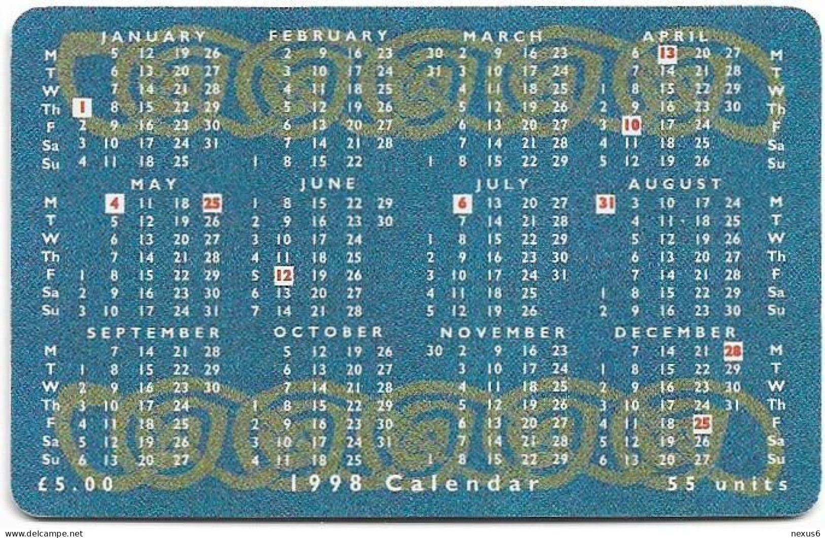 Isle Of Man - Chip - Calendar 1998 - Manx National Holidays, 55U, 1997, 6.000ex, Used - Man (Eiland)