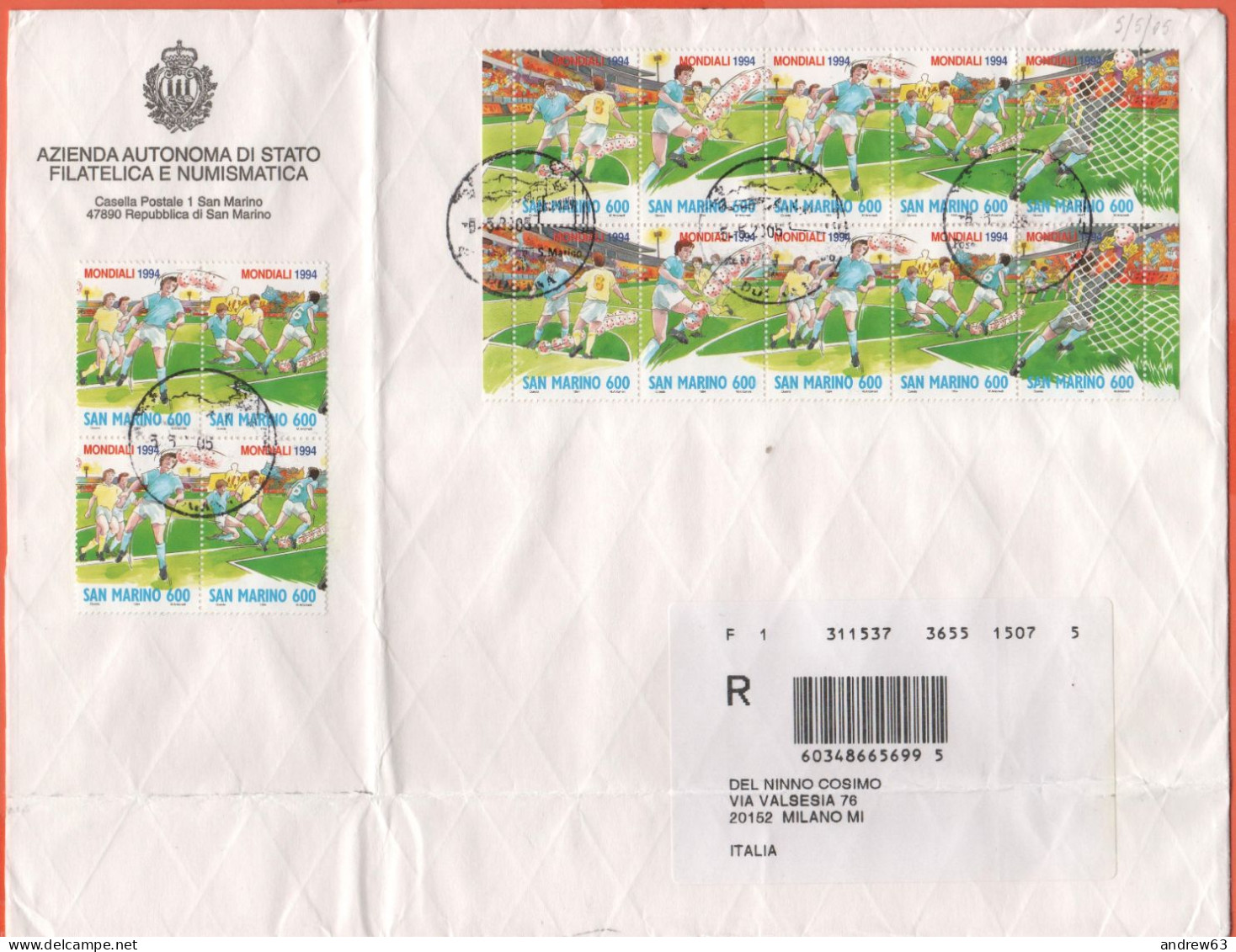 SAN MARINO - 2005 - Blocco Da 4 + 2 Serie Di Campionati Mondiali Di Calcio USA 94 - Raccomandata - Viaggiata Da San Mari - Lettres & Documents