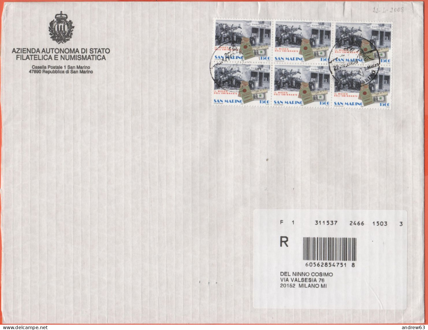 SAN MARINO - 2008 - Blocco Da 6 X 1500 Emigrazione - Raccomandata - Viaggiata Da San Marino Per Milano - Cartas & Documentos