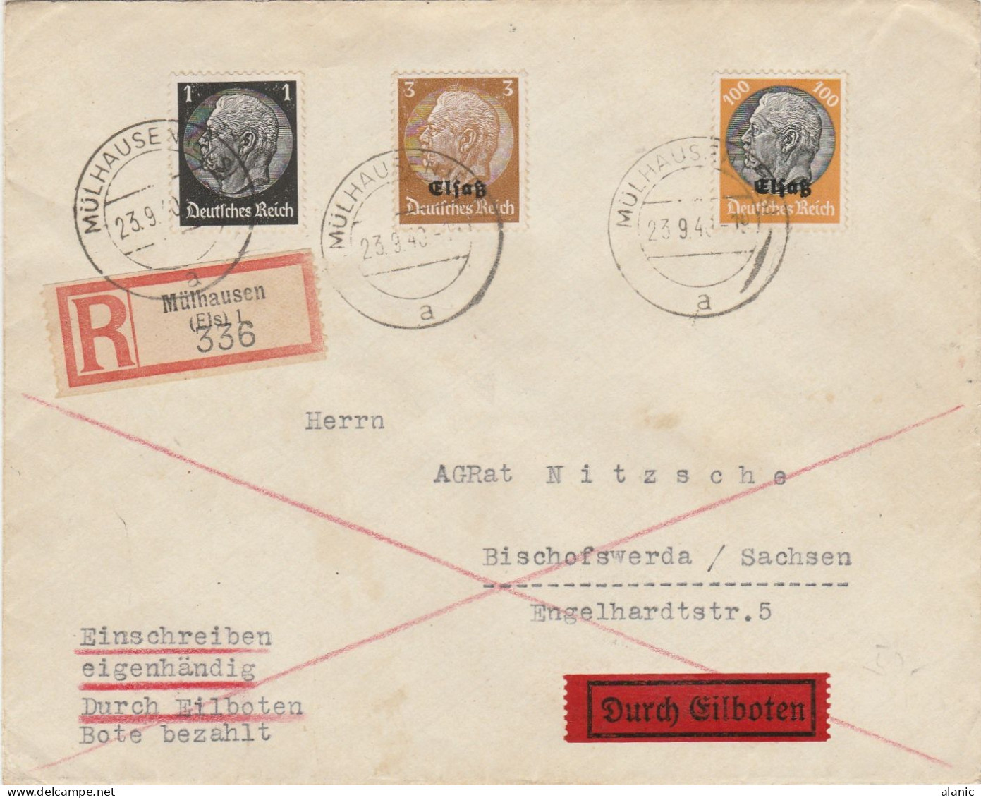 FRANCE-Alsace-Occupation Allemande-Lettre Recommandée-N°1+16 + Tl-Départ MULHAUSEN(23-9-40)pour BISCHOFASWERDA/SACHSEN-R - Guerre (timbres De)