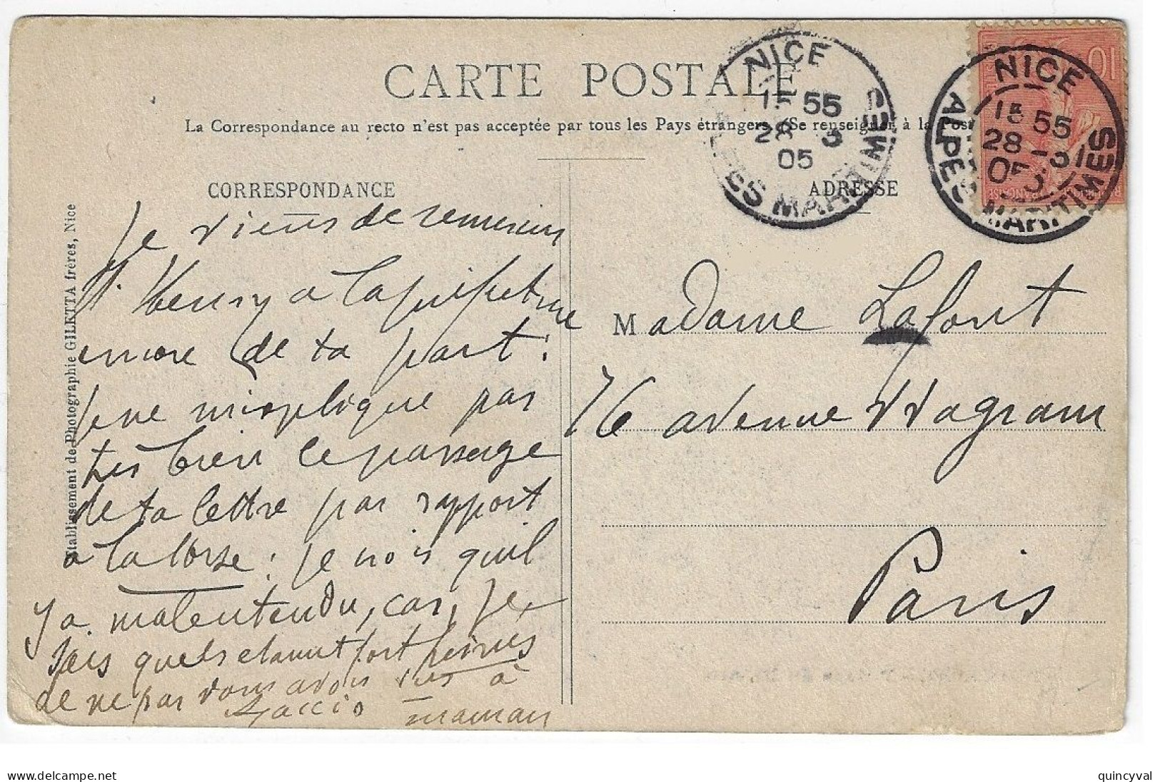 NICE Carte Postale 10c Semeuse Lignée Yv 129 Ob 1905 Daguin Jumelée 2 TAD Différents Caractères De L'ANNEE 05 - Maschinenstempel (Sonstige)