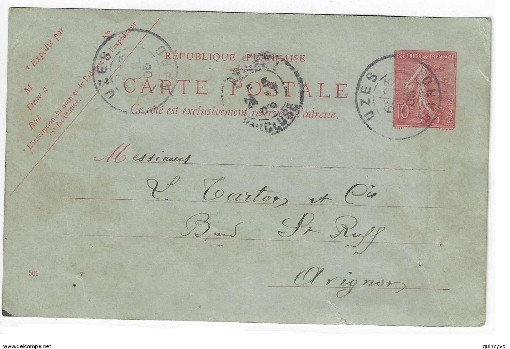 UZES Gard Carte Postale Entier 10c Semeuse Lignée Mill 501 Ob 1905 Storch A1 - Standaardpostkaarten En TSC (Voor 1995)