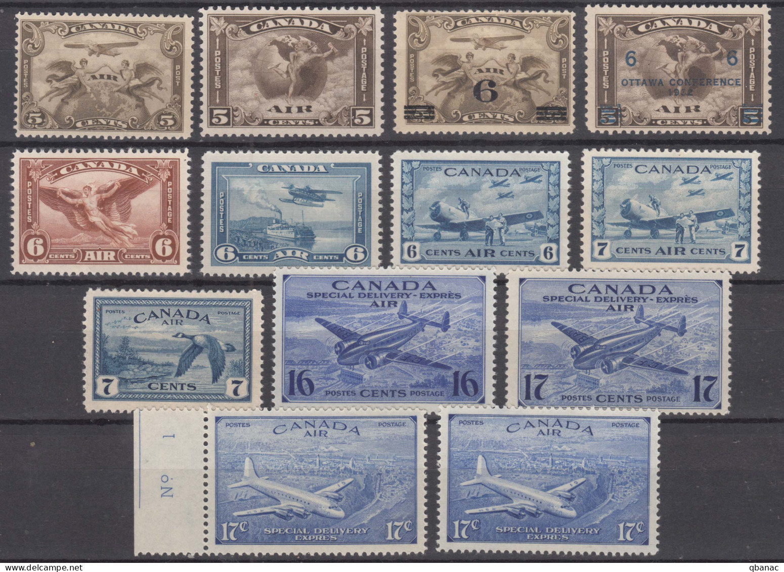 Canada Airmail Complete Period, Stamps Issued 1928, 1930, 1932, 1935, 1938, 1942, 1946, Mint Never Hinged - Aéreo