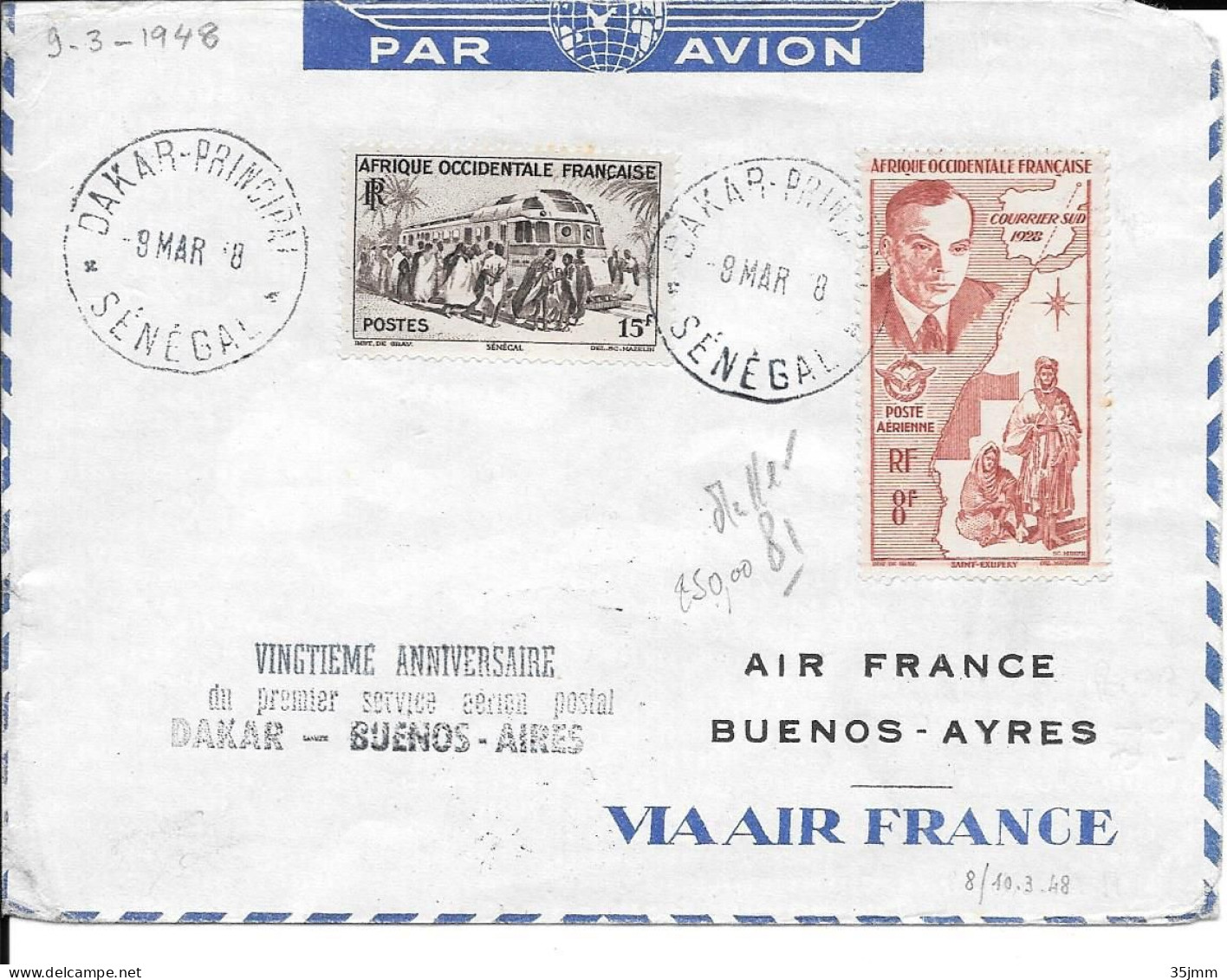 Sénégal Dakar Service Postal Dakar Bueno Aires  1948 - Poste Aérienne